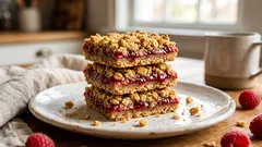 Tarte de crumble com compota de framboesa e aveia: receita fácil em quadrados